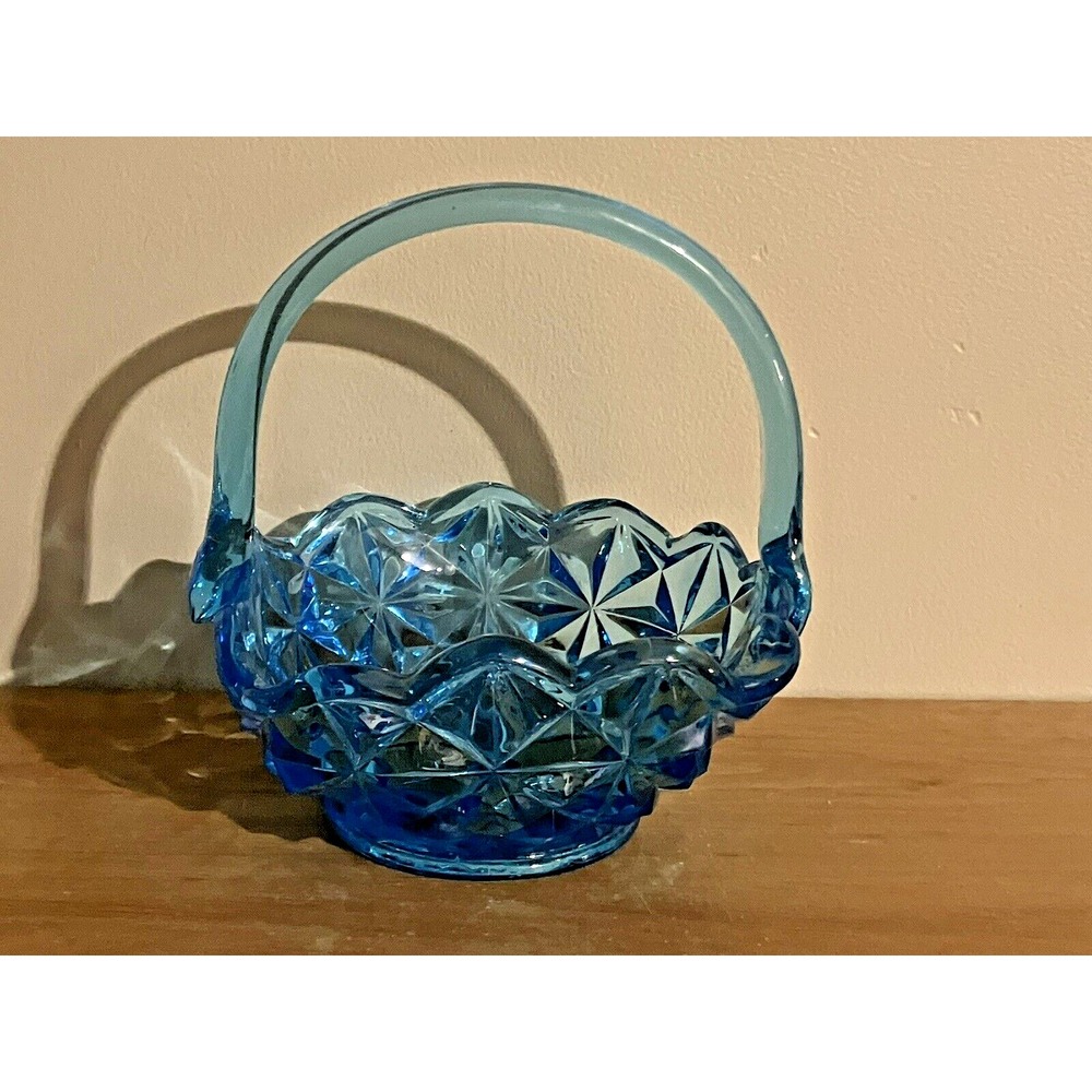 Vintage Indiana Monticello BLUE SQUARE GLASS BASKET With Handle 7" Tall